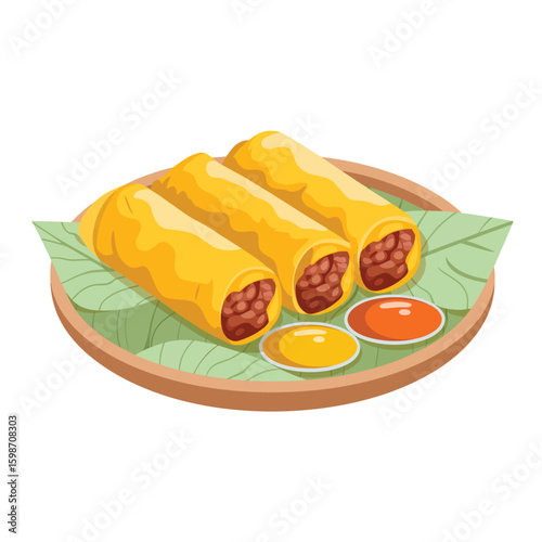 Golden fried spring rolls with dipping sauces on a plate