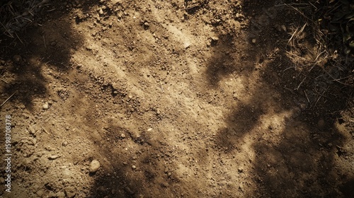 Close-up view of dirt ground with small rocks and dry soil surface in natural outdoor environment