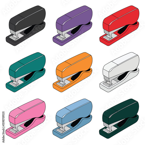 Collection of nine colorful desk staplers arranged in a grid pattern