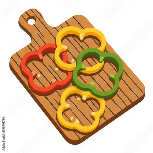 Bell Pepper Rings Vector in Black and White – Minimal Line Drawing of Sliced Red, Yellow, and Green Capsicum on Cutting Board for Culinary, Organic, and Nutritional Design Themes