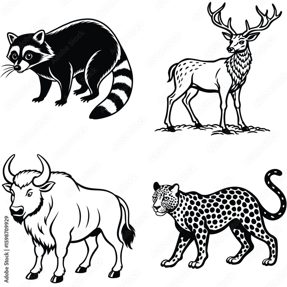 Fototapeta premium Vector art of a black and white illustration of a raccoon with a distinctive striped tail and facial mask stands on its paws