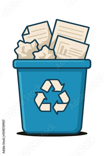 Blue Recycling Bin with Paper and Documents - Encouraging Office Recycling