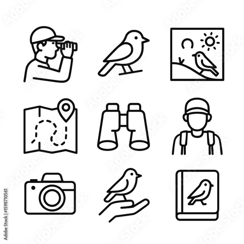 Bird watching hobby vector icon set. Outline symbols. Line design