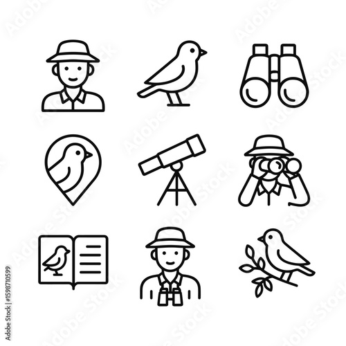 Birdwatching nature hobby vector icons set. Outline symbols. Line design