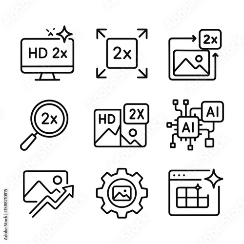 Artificial intelligence upscaling vector icons. Outline symbols. Line design