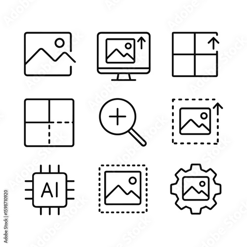 Smart upscaling technology vector icon set. Outline symbols. Line design