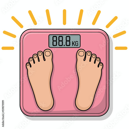 Person s feet standing on a pink digital scale showing weight