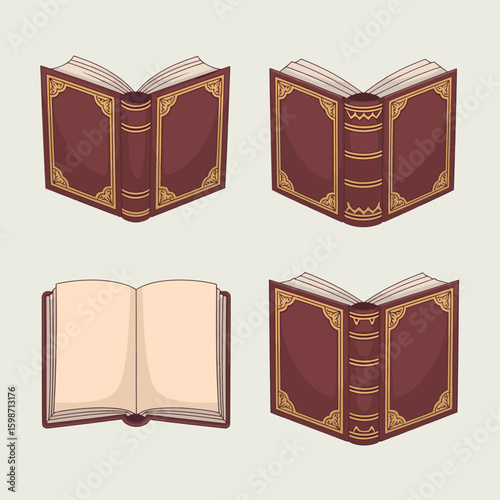 Collection of vintage leather bound books in different open and closed positions