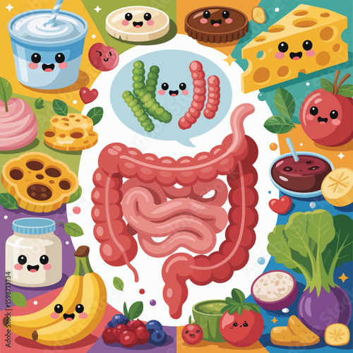 Cute kawaii gut health illustration with probiotics and healthy foods