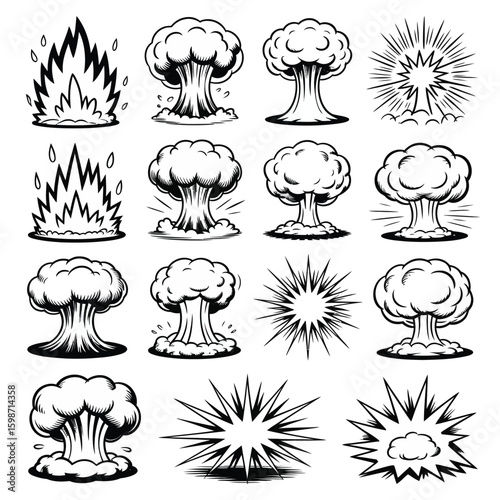 Collection of hand drawn atomic bomb explosions and mushroom clouds