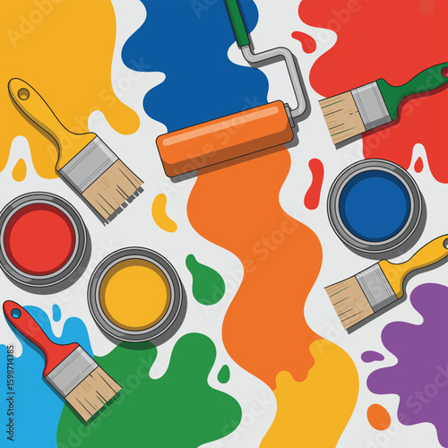 Colorful paint splatters with brushes and roller for home renovation
