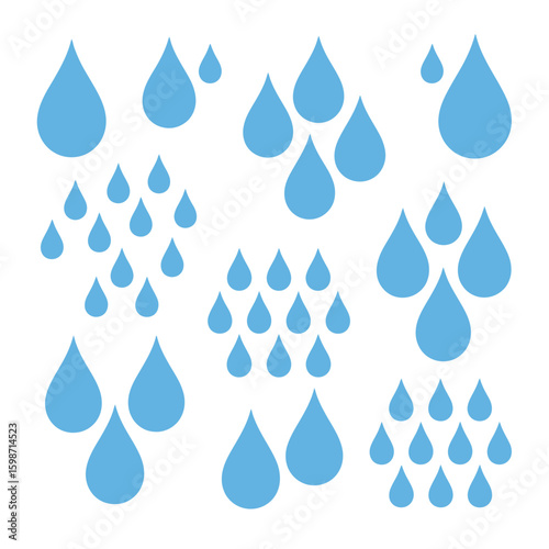 Collection of blue water drops in various sizes and arrangements