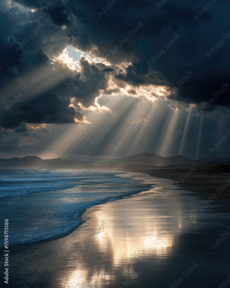 Fototapeta premium Sunlight piercing dark clouds over beach