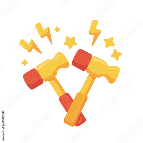 Two cartoon hammers clashing with lightning bolts and stars