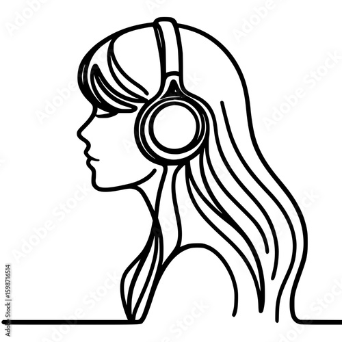 A profile of a girl with headphones and long hair, vector illustration