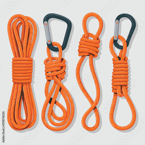 Four orange bungee cords with carabiners arranged on a white background