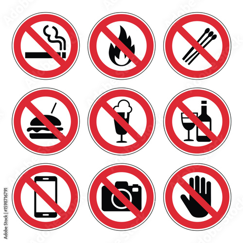 Collection of nine common prohibition signs and warning symbols