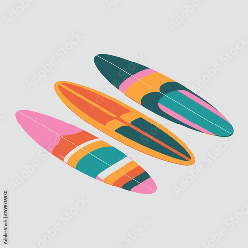 Three colorful surfboards arranged diagonally on a neutral background