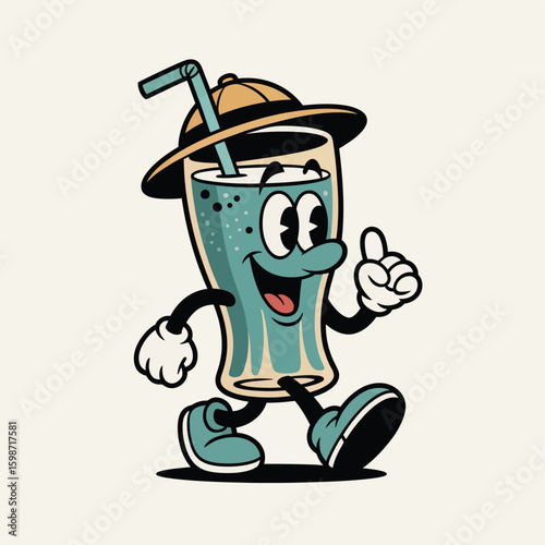 Happy cartoon glass of blue drink with straw and hat walking