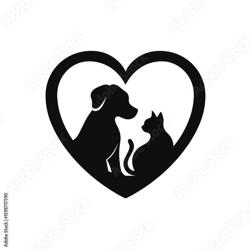 Silhouette of dog and cat inside heart icon
