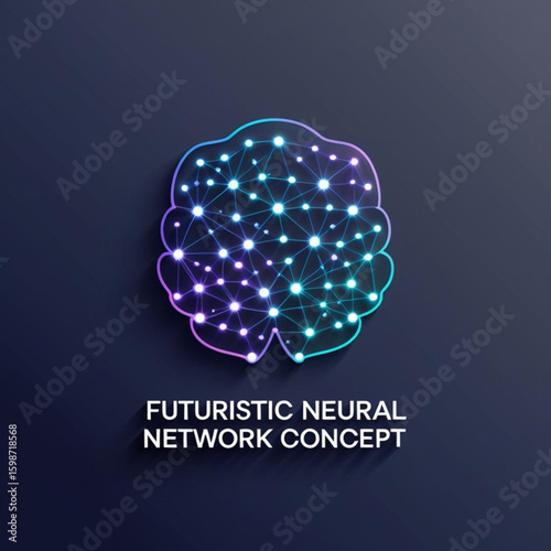 Glowing cerebral representation with connected nodes and vibrant gradient outline on a shaded surface design
