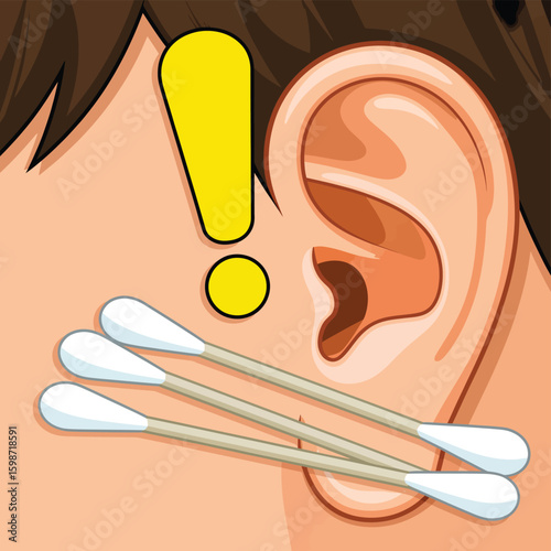 Warning sign for ear cleaning with cotton swabs and exclamation mark