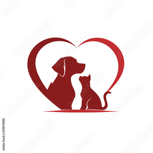 Dog and cat inside heart icon for pet care and love
