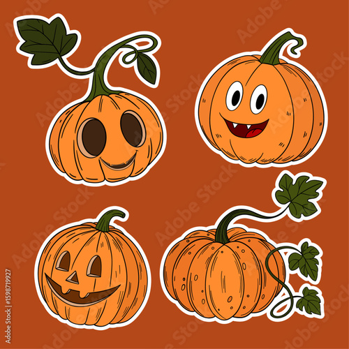 Stickers set collection for Halloween occasion. Cute and orange magical pumpkins cut out. Halloween decoration autumn october festive