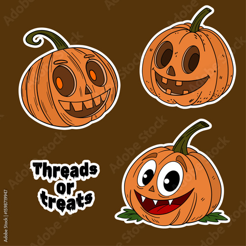 Stickers set collection for Halloween occasion. Cute and orange magical pumpkins cut out. Halloween decoration autumn october festive