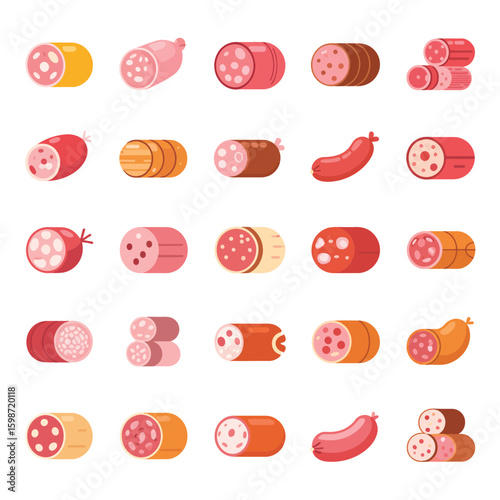 Collection of assorted sliced sausages and cured meats in a flat design style