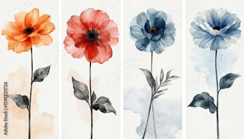 Fototapeta Naklejka Na Ścianę i Meble -  Four delicate watercolor flowers in vertical arrangement featuring orange, red, blue, purple blossoms on stems with dark leaves. Soft, vibrant colors, simple, modern style create elegant decorative