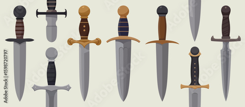 Collection of antique medieval swords with ornate handles and sharp blades