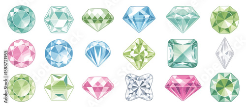 Collection of colorful faceted gemstones and diamonds in various cuts and colors