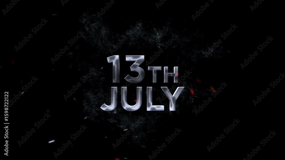 Animation 13 July Logo Video, The text 13th july is shown in a smoky ethereal font with glowing particles against a dark background