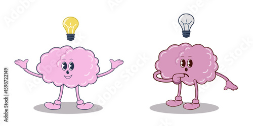 Set, human brain on a white background, one brain is happy with the idea, a light bulb is burning above it, a sad brain with an extinguished light bulb