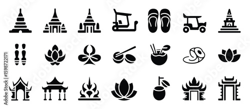 Collection of thai cultural icons and symbols in black silhouette