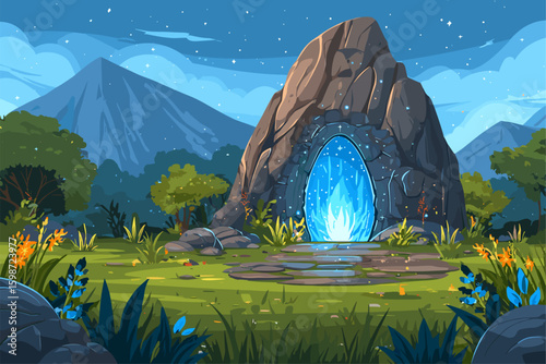 Enchanting Fantasy Landscape with Mystical Stone Gateway and Lush Vegetation