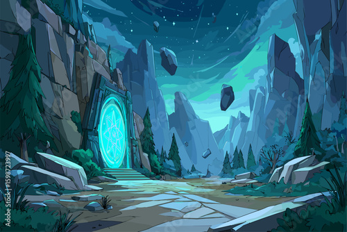 Fantasy Landscape with Ancient Portal and Floating Rocks in a Starry Night