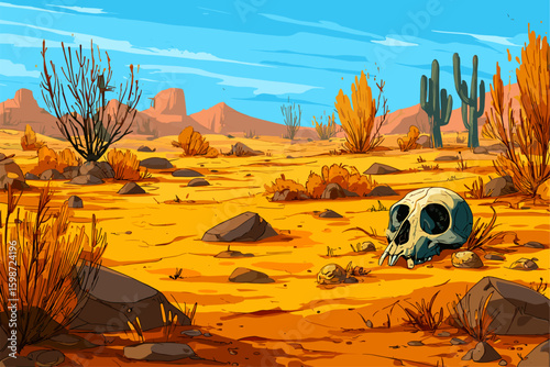 Desert Landscape with Animal Skull and Cacti in Vibrant Colorful Illustration
