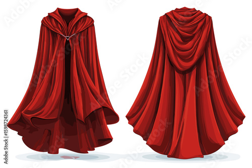 Elegant Red Cloak with Hood - Front and Back View for Fashion Design