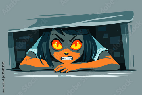 Angry Character Peeking Through a Window in a Stylized Vector Illustration
