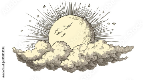Engraving Illustration of Moon Shining Through Trees