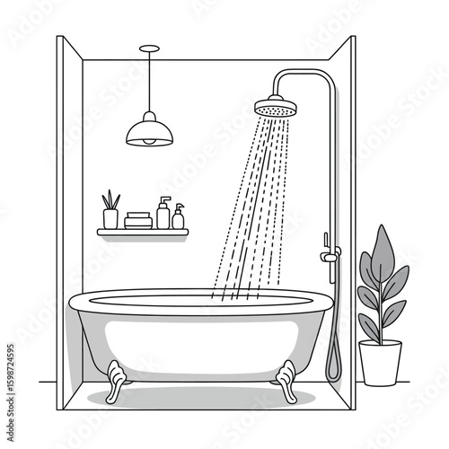 Hand drawn sketch of a modern bathroom with a clawfoot bathtub and shower
