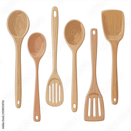 Collection of wooden kitchen utensils for cooking and baking