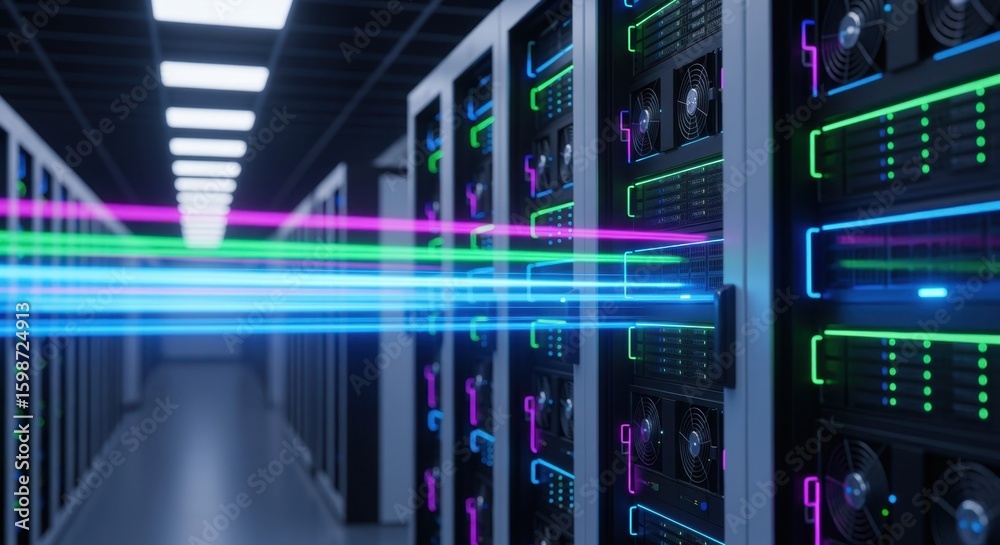 Fototapeta premium Data center aisle featuring sleek compact servers and vibrant airflow lighting effects.