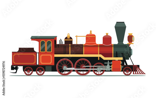 Vintage Red Steam Locomotive Train Engine Illustration