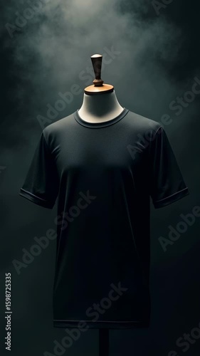 Black t-shirt displayed on a mannequin in a studio with dramatic lighting