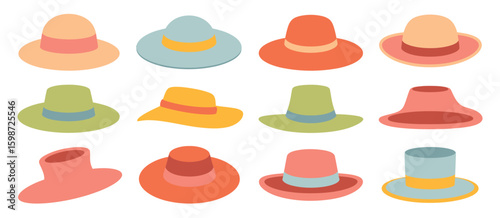 Twelve Colorful Summer Hats Fashion Illustration