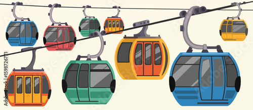 Colorful ski lift gondolas suspended on a cable against a light background