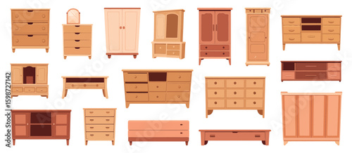 Collection of various wooden furniture pieces including chests of drawers and wardrobes
